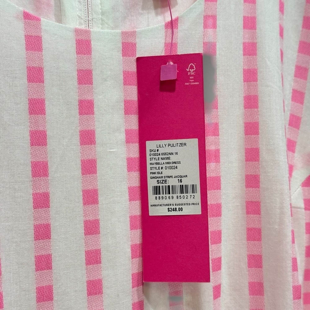 Lilly Pulitzer Maybella Midi Dress Pink Isle Gingham Stripe Lace Trim 16 NEW - Picture 5 of 10